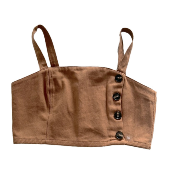 Me to We Crop Top Camel Brown Cotton Button Front Corset Style Tank Size M - Picture 2 of 9